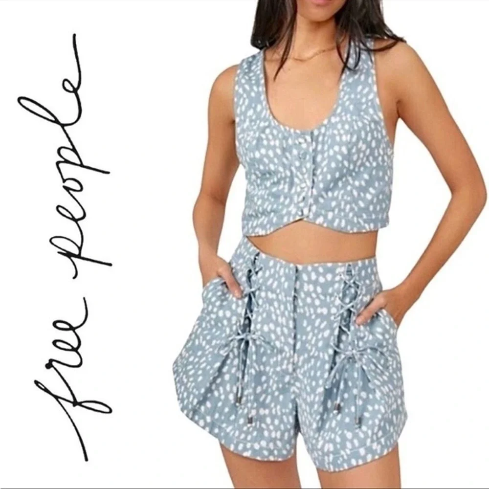 Free People‎ Bennett Blue White Spotted Lace Up High Waisted Cotton Shorts